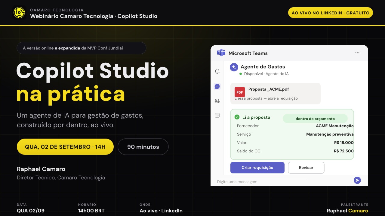 Webinário Copilot Studio na prática — um agente de IA para gestão de gastos (02/09/2026)